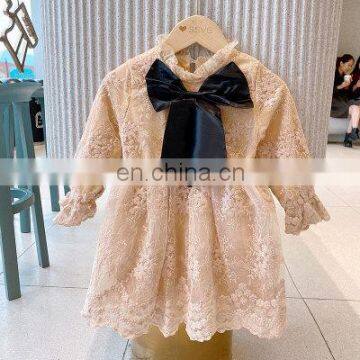 Girls' winter new middle-aged children's lace bow and velvet long-sleeved dress