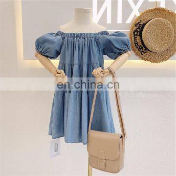 2020 New Girls Dress One-Shoulder Denim Ruff Sleeves Cotton Summer Girls Dresses