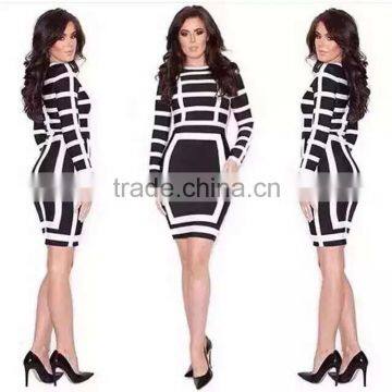 2016 hot selling sexy between black and white strip bandage dress