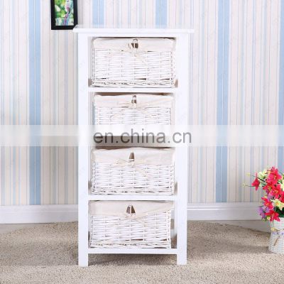 White Nightstand End Side Table Bedroom Bedside Home Furniture w/Drawer and 4 Wicker Basket Storage Wood Organizer Cabinet White