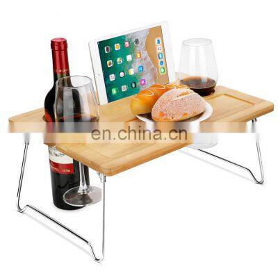 Picnic Wine Table Portable and Foldable Picnic Wine and Snack Table Bamboo Wine Holder Table Cheese Tray Outdoor Beach Park