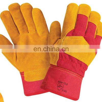 Red Cotton back Yellow Cow Split Leather Work Glove Yellow Fur Lined Bulk Price