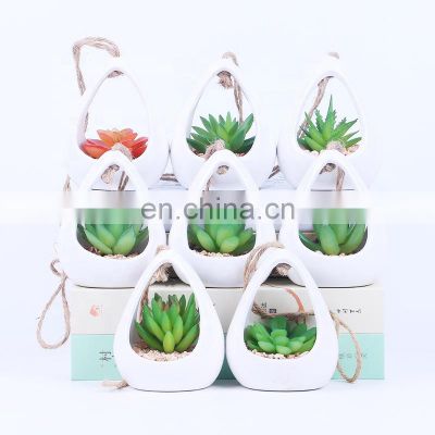 Wholesale White Ceramic Hanging Planters Flower Pot Faux Succulent Plant Pot Artificial Plant Wall Hanging Pot With Hemp Rope