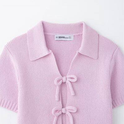 2025 spring and summer new European style ladies fashion sweet fresh bow decoration knitted short sleeve