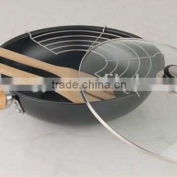 carbon steel non stick wok pan with glass lid and spoon