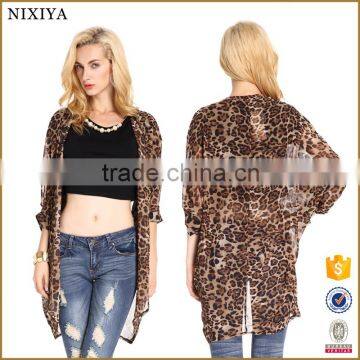 Long Length Batwing Sleeve Sexy Leopard Blouse Design 2015