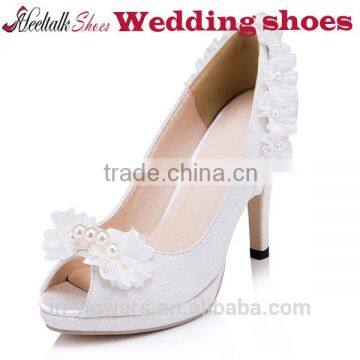 China wholesale white wedding shoes middle heel women peep toe shoes for party