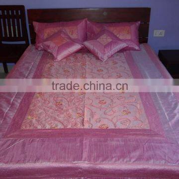 Pink Silk Indian Bed-cover Embroidered Silk Bedspread