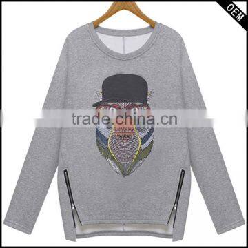 2016 Hot sale side zipper with fleece women crewneck sweatshirt