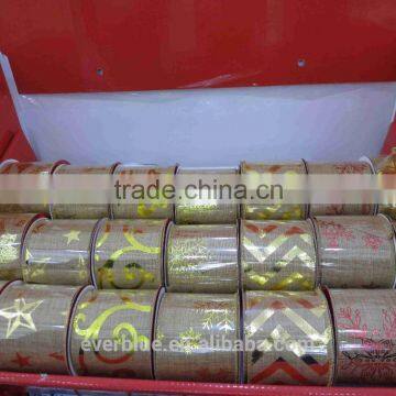 christmas decorative linen ribbon with gold Foil hot stamping printed