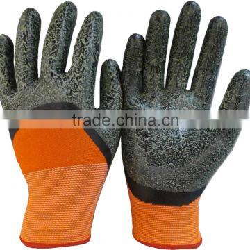 Special half coated hand gloves with latex and outer nitrile secondary palm