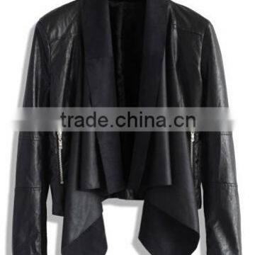 ladies fashion soft shell faux leather jacket with waterfall collar