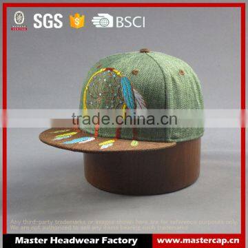 Customer high quality 6- panel Linen snapback hat with flat Embroidered Patch