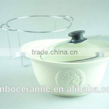 Ivory Oval Ceramic/porcelain Soup Tureen Pot Embossed With Glass Lid Metal Stand & Color Gift Box for Promotion photo-3