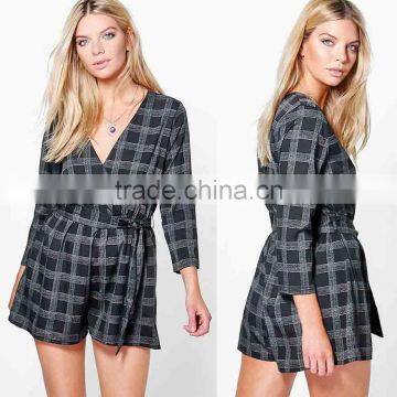 100% Polyester Checked Wrap Front Playsuit Wool Tartan Plaid Fabric Women Sexy Jumpsuits 2017