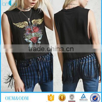 2017 Women fashion tank top ptinted front tassel details black cool tops for women