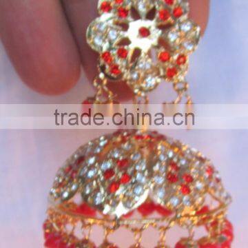 JADAU GOLD PLATED Dangler ORANGE BEADS JHUMKA TEMPLE EARRINGS Real Look photo-3