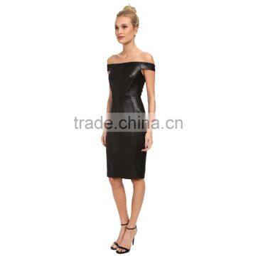 Black Slim off Shoulder Women Summer Dress With Leather Fabric photo-3