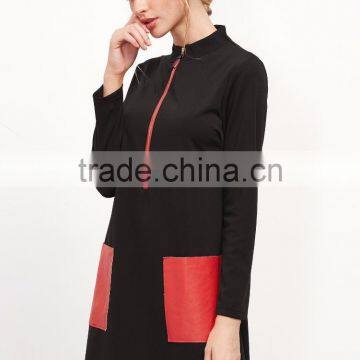 Black Stand Collar Contrast Pockets Zipper Dress Cotton Spandex Long Sleeve Color Block Casual Short Dress photo-3