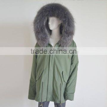 Myfur Customized Army Green Shell Parka Coat With Real Fur Hooded Faux Fur Lining photo-1