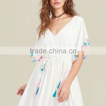 Designer Tassel Trim Boho Dress, Women White Deep V-neck Maxi Dress photo-6