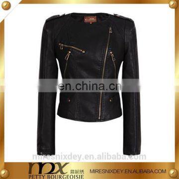 2015 Women round neck side zipper solid short design original leather jacket