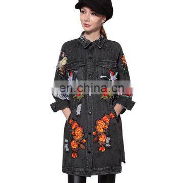 2017 Women denim jacket autumn flower animal embroidery jeans ladies long winter coats