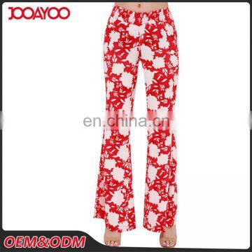 Spring Summer Design Coral Red Floral Print Lady Pants Relax Wide Leg Casual Pants For Women