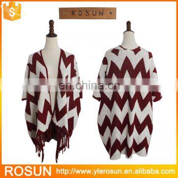 Women White and Red Acrylic Fringe Wave Poncho