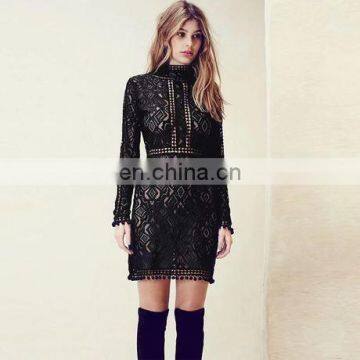 on stock black hollow dress with lace long sleeve thin women dresses