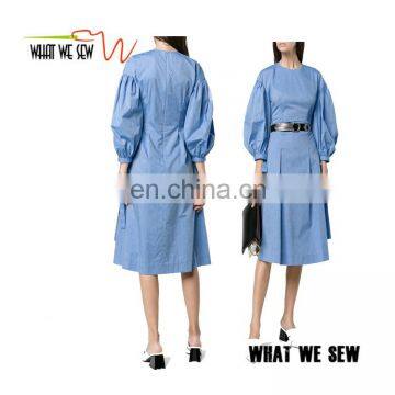 Blue cotton long puff sleeve dress Plain fashion dress for woman