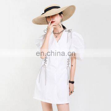 TWOTWINSTYLE Bandage Women's Dress Cross V Neck Puff Short Sleeve Patchwork Bowknot Mini Dresses photo-2