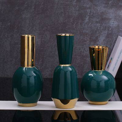 Peacock Green Gild Long Mouth Round Creative Ceramic Flower Vase For Showroom TV Bench