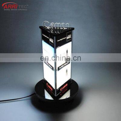 Camera Store Advertizing  Display Box Tringle Rotating Custom Led Acrylic Display