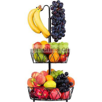 Amazon hot sell fruit bowl vegetable snacks double metal wire banana hanger basket storage 2 tier metal fruit basket for counter