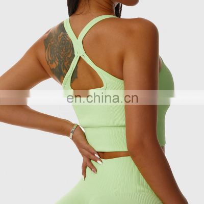 Wholesale Sexy Seamless Gym Sports Hollow Straps Bras Cross Back Yoga Tops Fitness