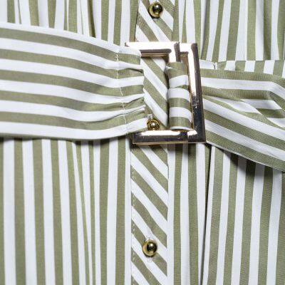 New Women's European and American Style French Fashion Dress With Waist Belt, Striped MIDI Dress photo-4