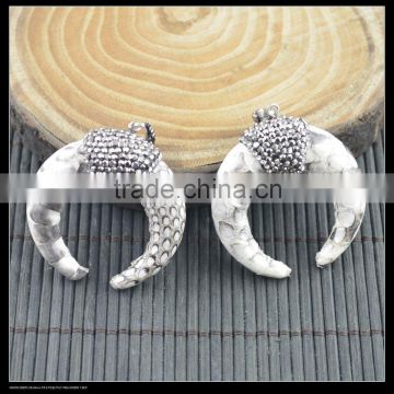 LFD-0053P ~ White Snakeskin Pendant, with Crystal Rhinestone Paved Crescent Moon Horn Pendants Jewelry Finding