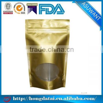 wholesale plain gold stand up pouch with zipper for food packaging with oval clear window