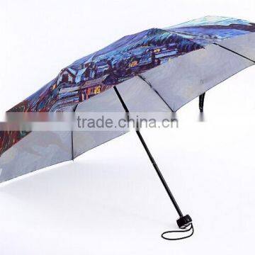 strong quality windproof 3-section outo close and open painting design umbrella in umbrella