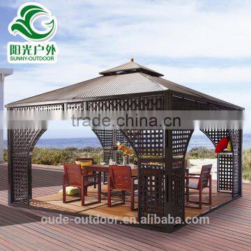 Top grade PE rattan top+iron frame+WPC floor gazebo lowes