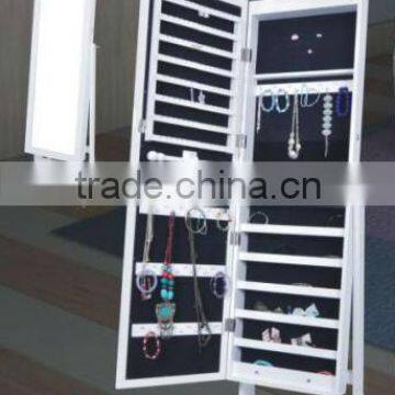 Floor Standing Wooden Furniture Chinese Mirrored Jewelry Cabinet With LED Lights Inside and Wavelike Door Top and Classic Design