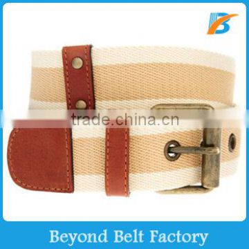 Beyond Lady Single Pin Buckle Striped Canvas Jeans Waist Belt with Leather Tab