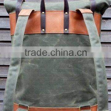 fashionable waxe canvas shoulder backpack wholesale book bags with leather