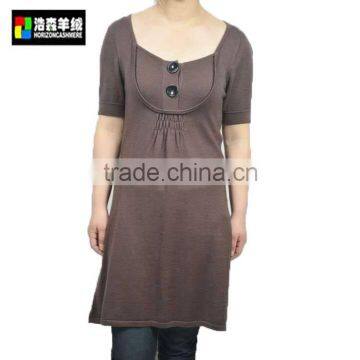 Women Silk Cashmere Short Sleeve Sweater Dress, Women Brown Classy Sweater Dress