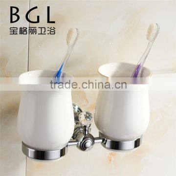 2015News Bathroom high quality wall fatting bathroom chrome brass ceramic and crystal doublr tumbler holder