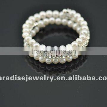 3 row pearl and rhinestone graduated wraparound coil bracelet-BRW060408