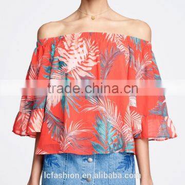 Tropical Plant Print Tunic Tops off the Shoulder Puff Sleeve Womens Shirts photo-2