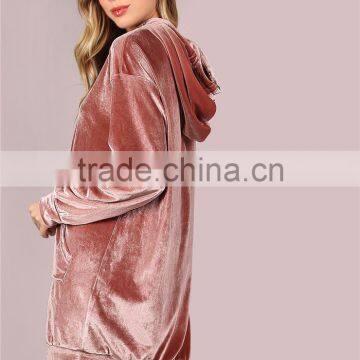 MGOO Oversized Women Longline Pollover With Side Pockets Shiny Drawstring Velvet Hoodie Dress Pink photo-2