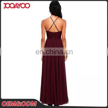 Elegant Strap Lace Bodice Burgundy Maxi Chiffon Lady Dresses Women's Wholesale Long Evening Dress photo-4